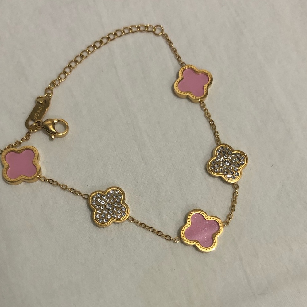 Gold and Pink Clover Crystals Bracelet
